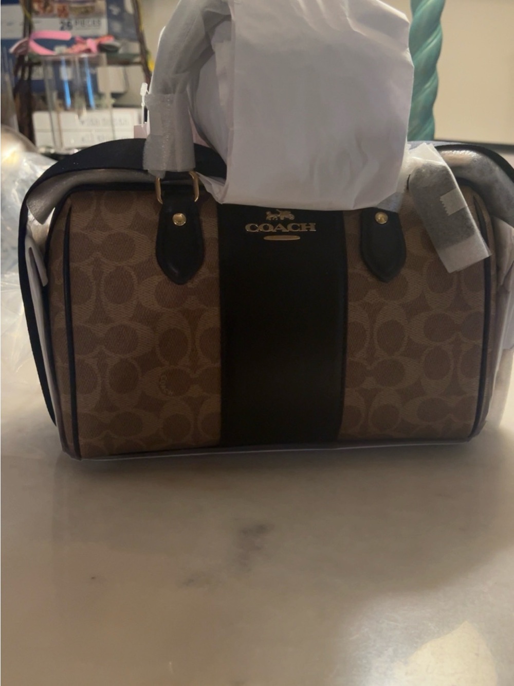 Coach Brown Signature Canvas Toiletry Bag with Dark Brown Center Stripe